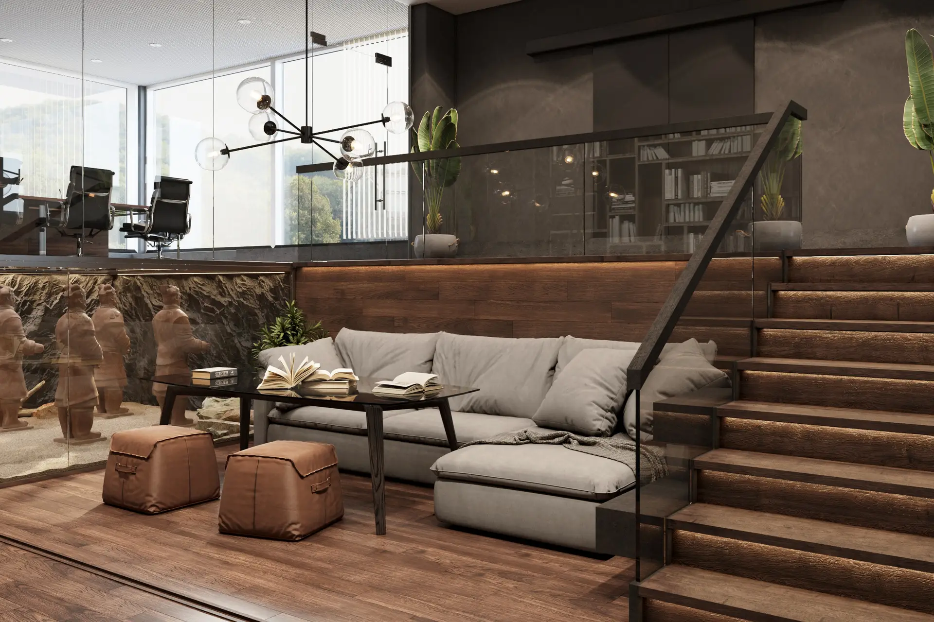 Commercial interior design for an executive office with a sunken lounge, glass partitions, warm wood finishes and a meeting area above.