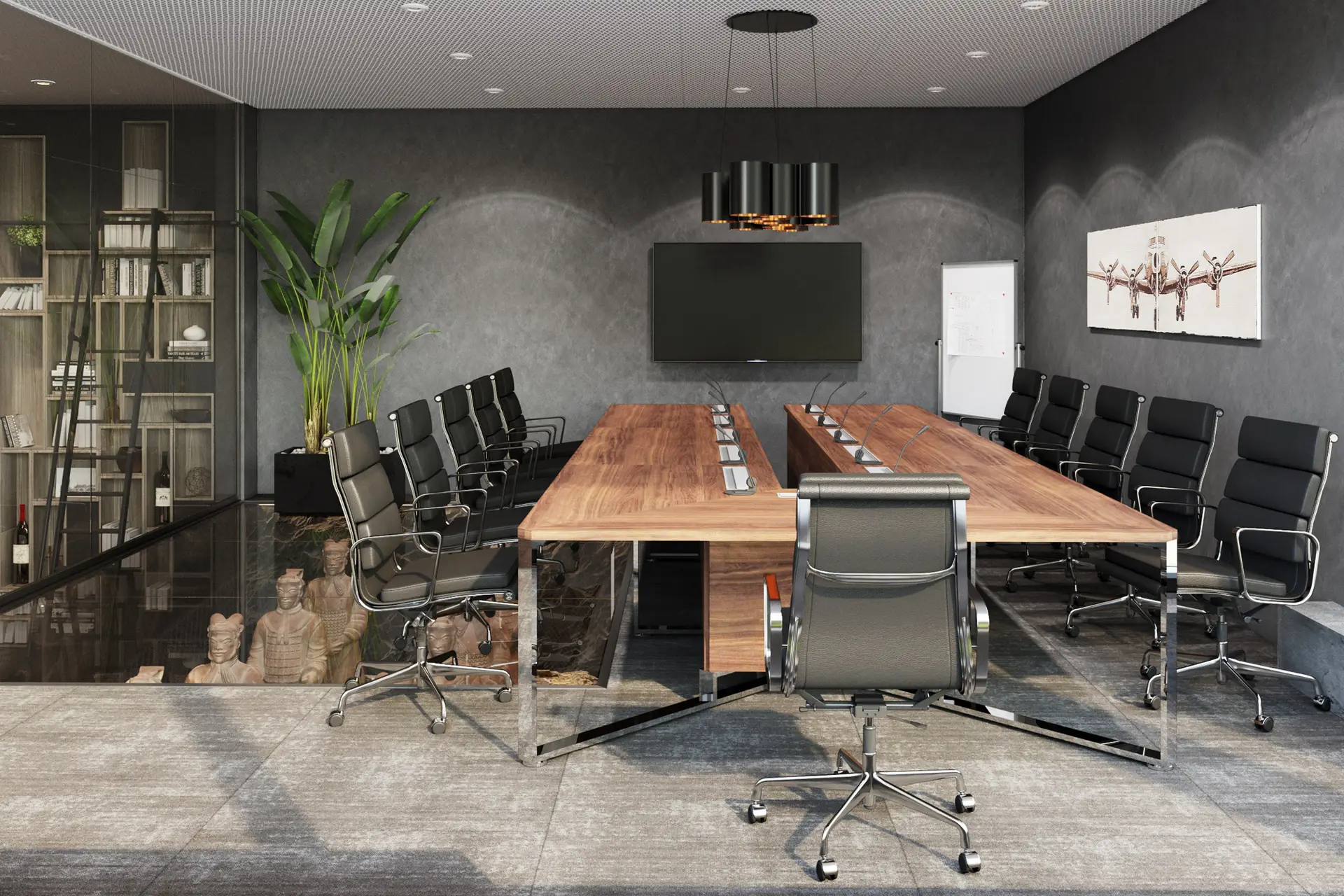 Executive conference room with a long wooden meeting table, black chairs, dark textured walls and modern lighting.