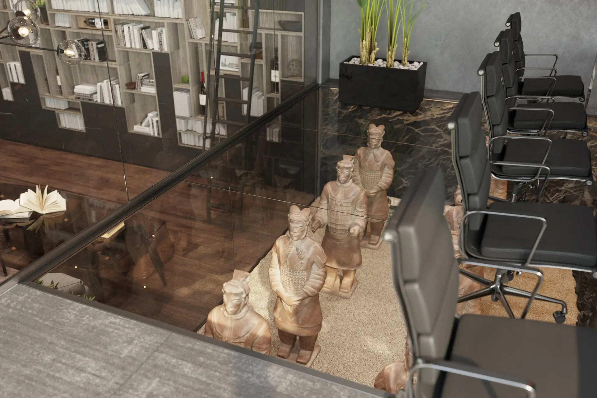 Sunken office lounge with library-style storage, glass partitions, warm wood flooring and sculptural display.