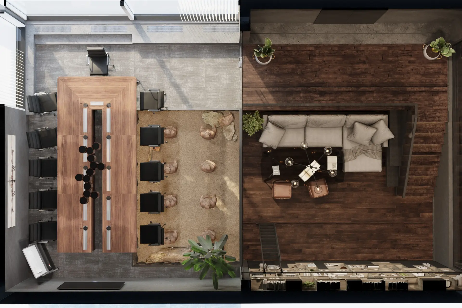 Overhead view of an executive office layout with conference room, sunken lounge, library storage and sculptural installation.