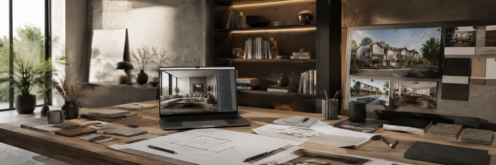 BYMONS design and CGI visualization studio workspace with material samples, architectural drawings, interior renders and exterior concept boards.
