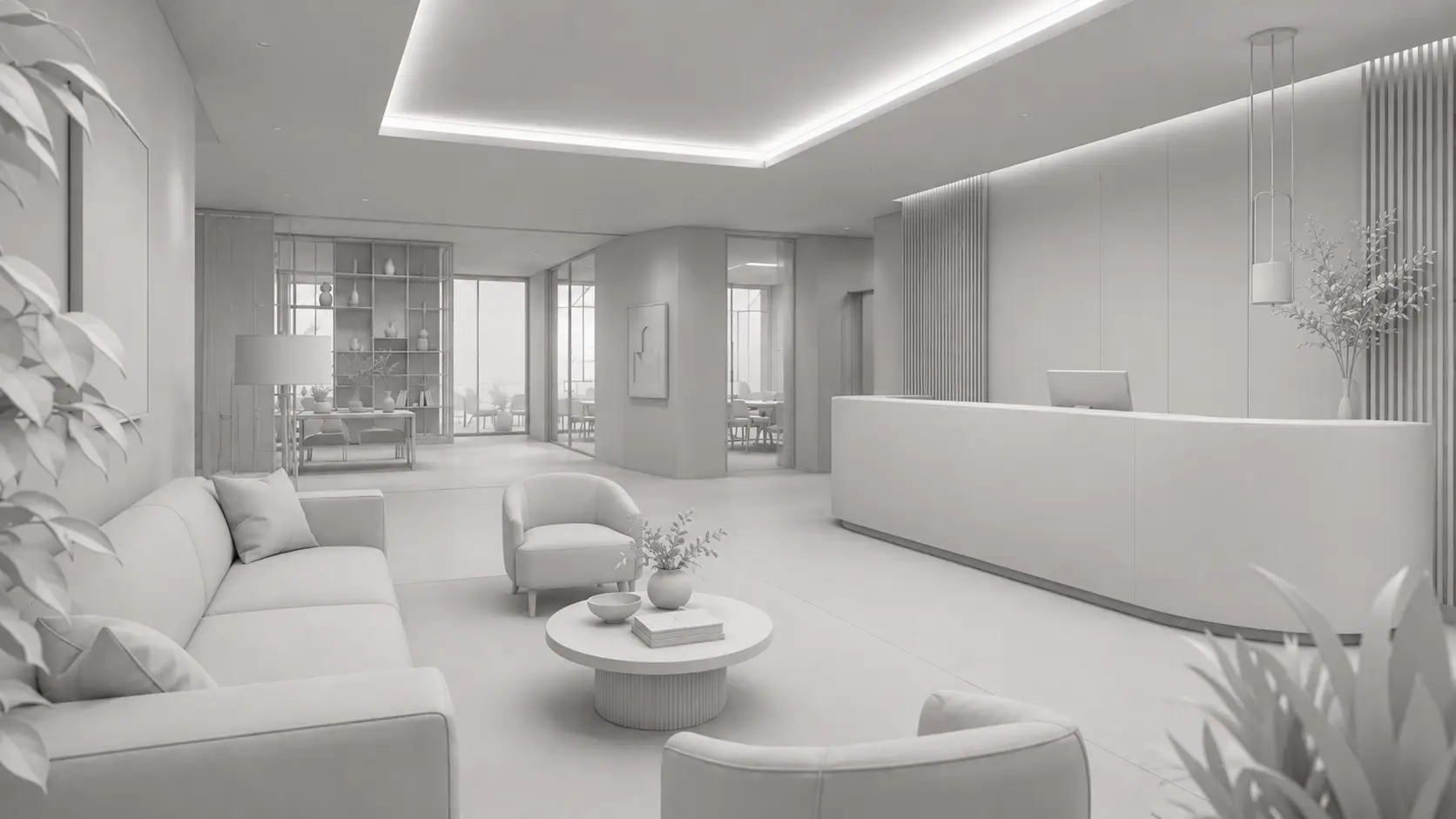 Clay render of commercial office lobby interior before final CGI visualization