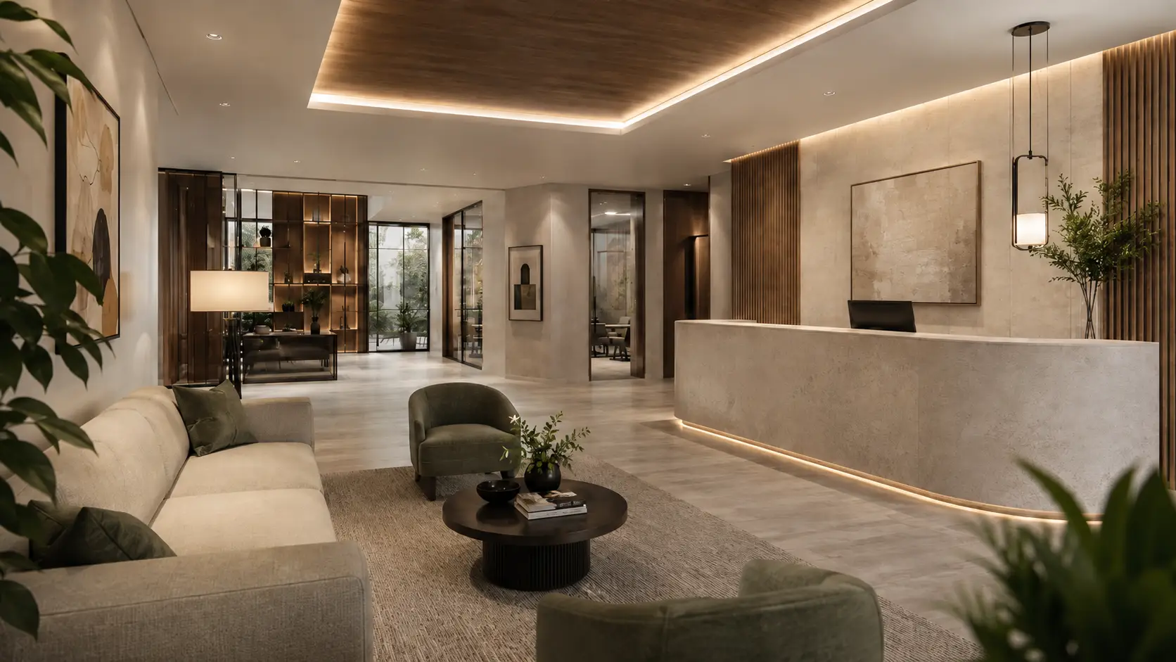 Final photorealistic CGI visualization of modern commercial office lobby interior