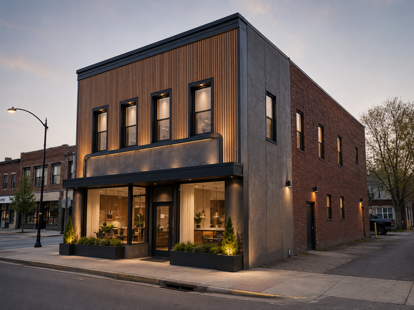 Modern corner commercial building with a redesigned façade, warm lighting and large storefront windows.