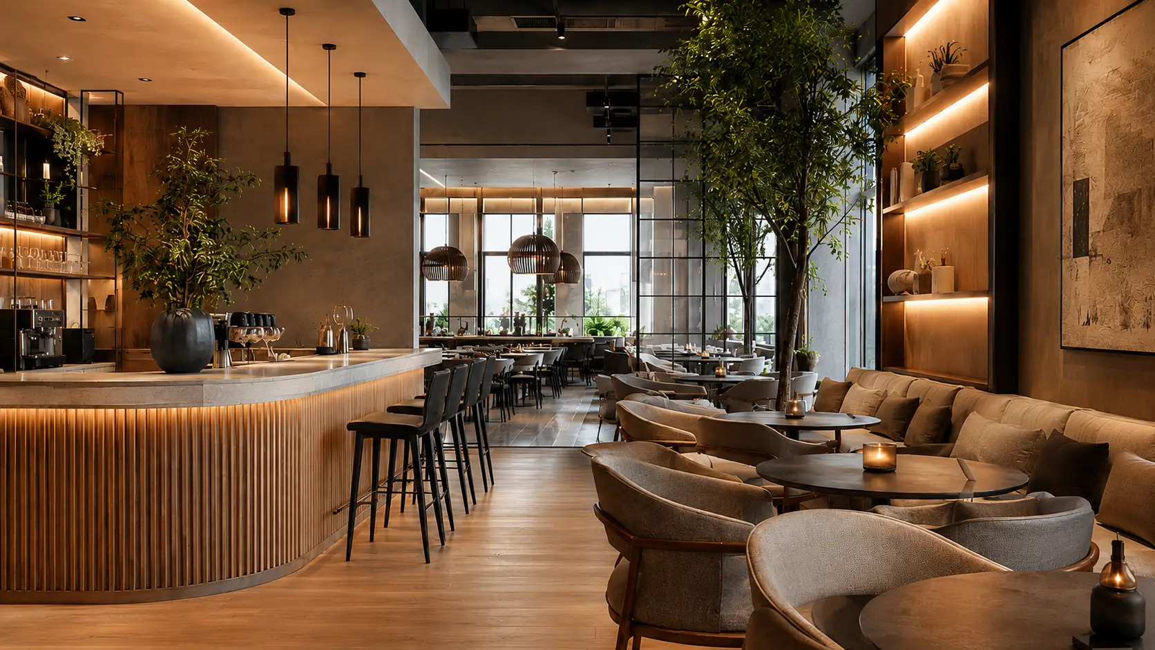 After commercial café interior design concept with warm modern lighting