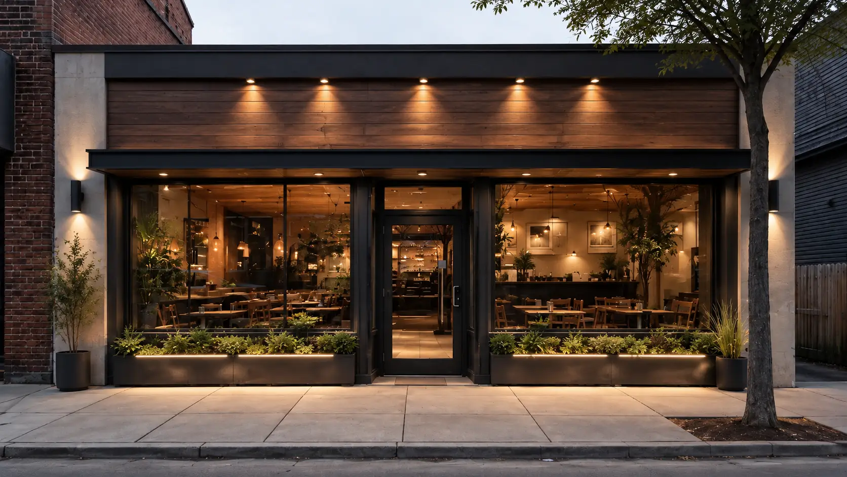 Modern commercial storefront façade design concept with warm lighting and planters