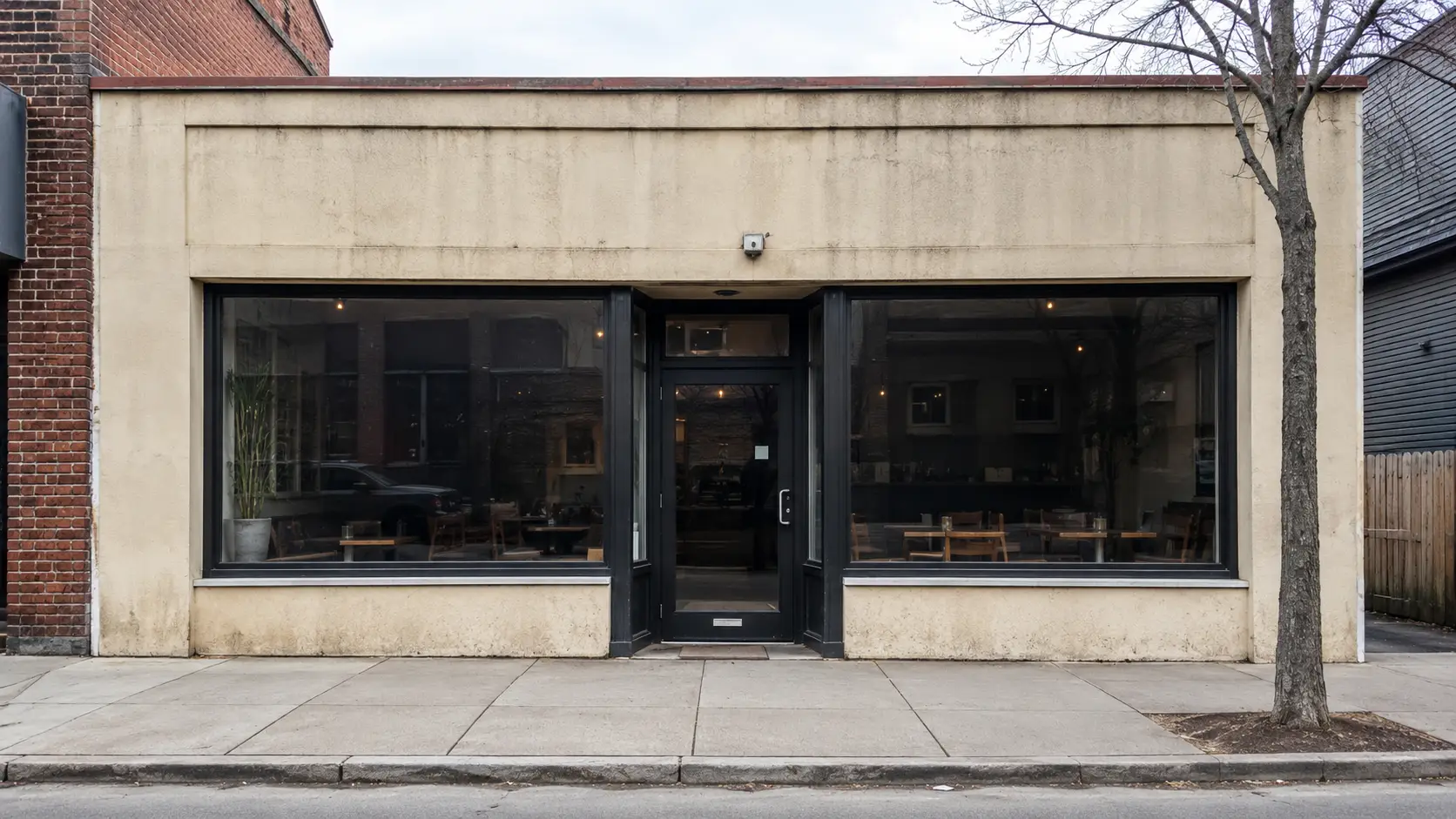 Existing commercial storefront façade before exterior redesign