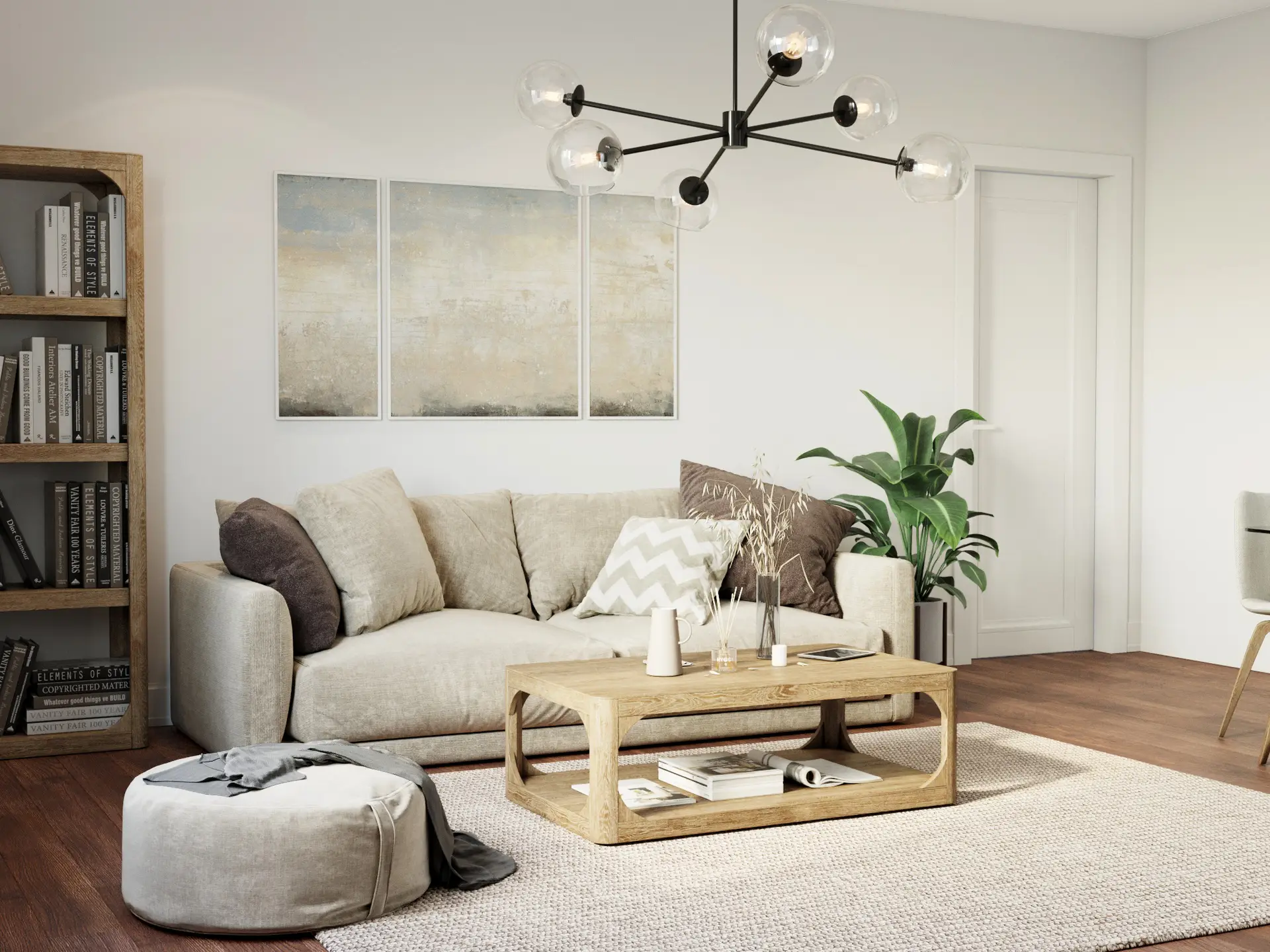 Residential living and dining interior design with neutral sofa, warm wood furniture, soft curtains, modern chandelier and natural light.