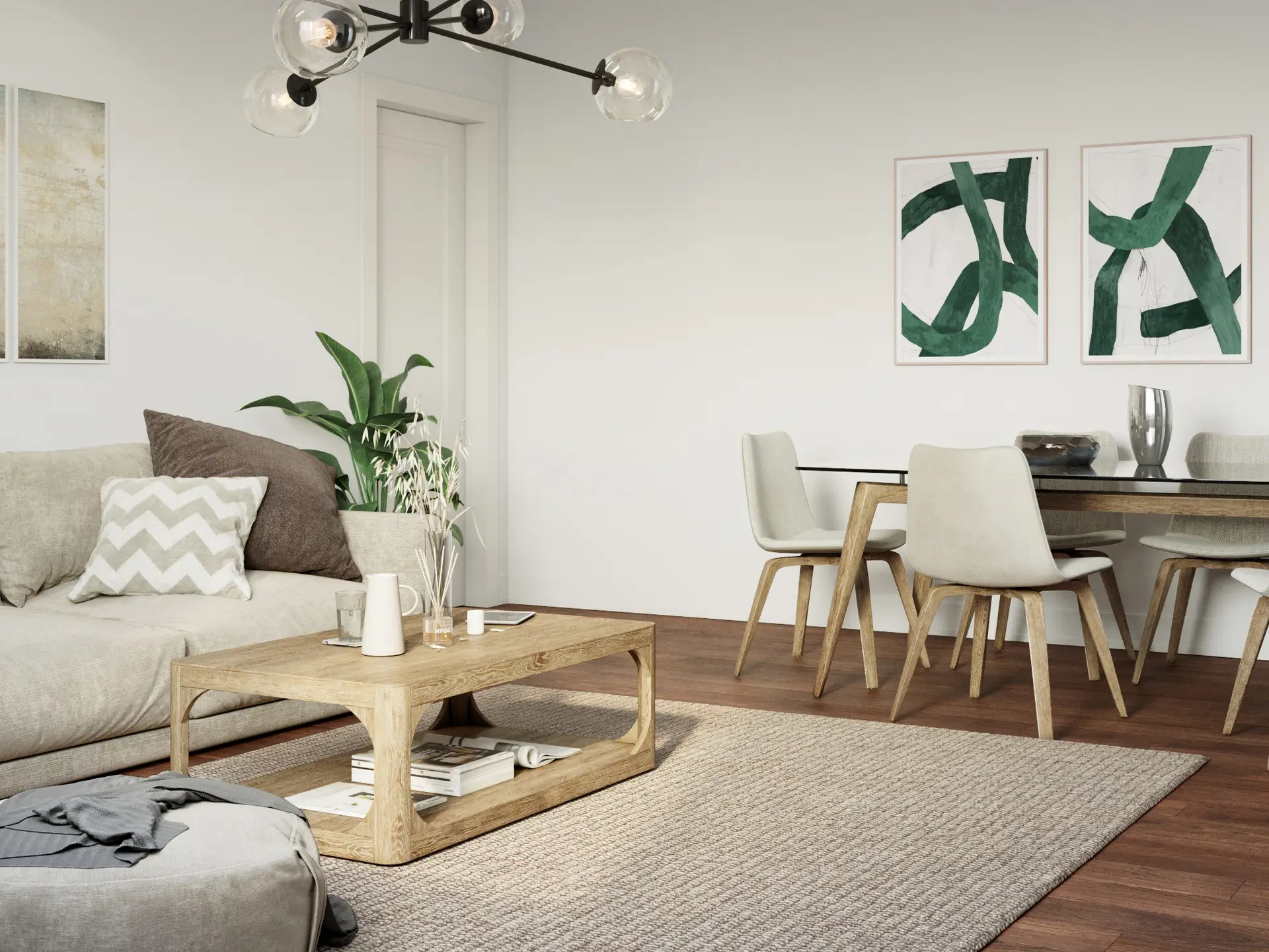 Open living and dining room interior with neutral sofa, wood coffee table, dining area, modern chandelier and soft natural tones.