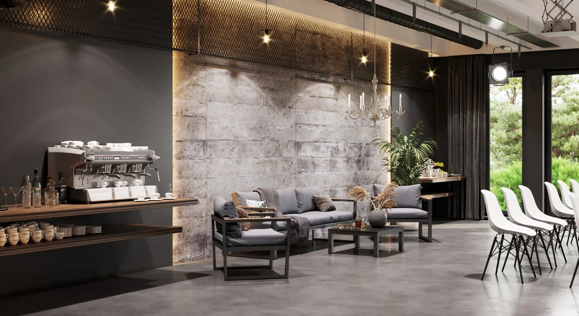 Commercial CGI visualization of a modern coffee bar and lounge seating area with concrete wall, dark finishes and warm accent lighting.