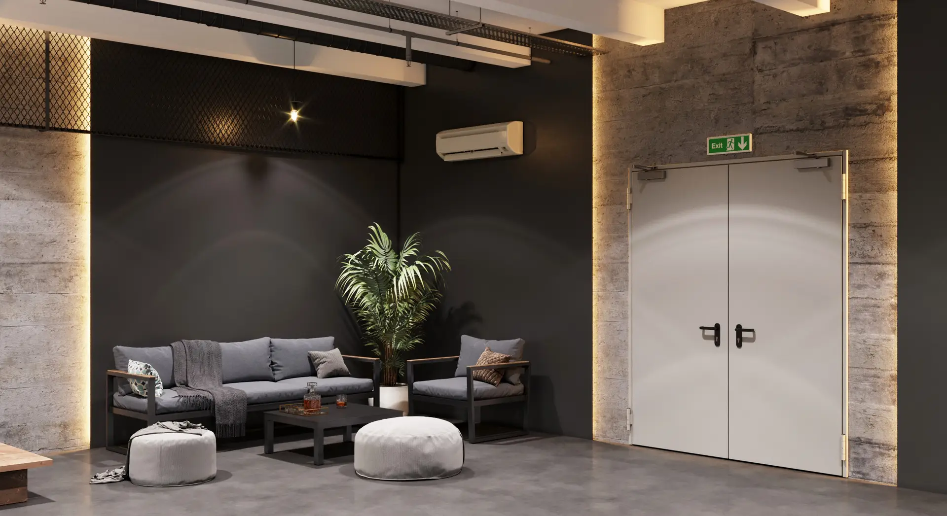 Commercial CGI visualization of a lounge seating corner with gray furniture, textured concrete wall, dark interior finishes and soft lighting.