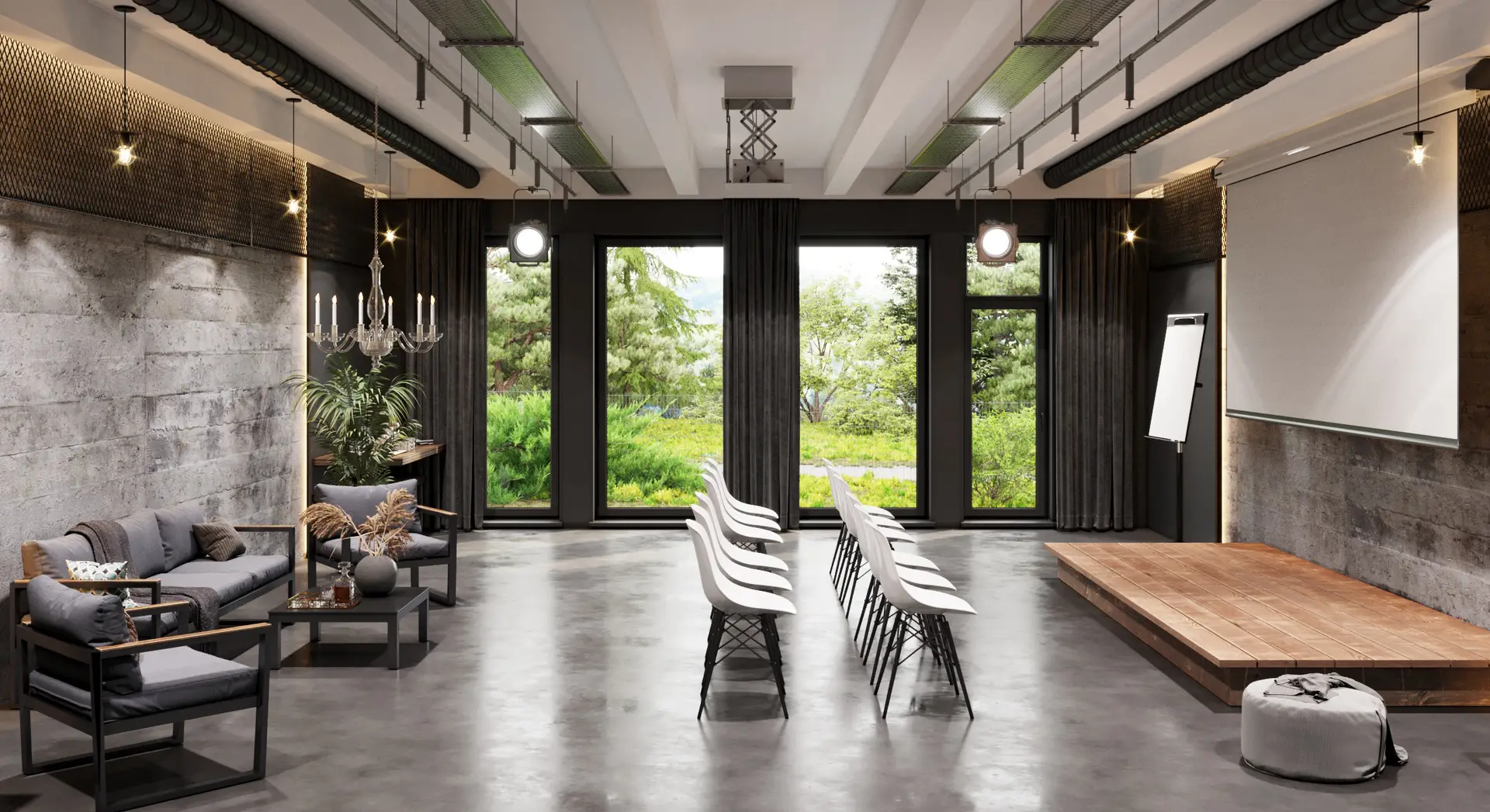 Commercial CGI visualization of a presentation and lounge space with stage, white chairs, large windows and modern industrial interior.