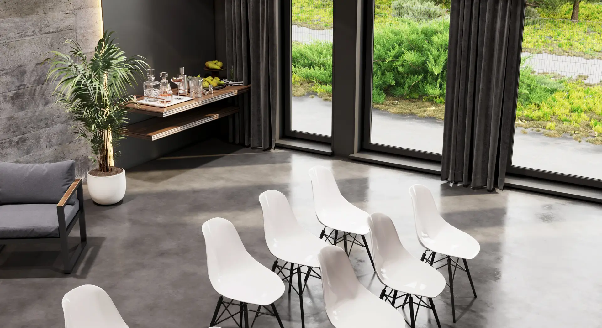 Commercial CGI visualization of presentation seating near large windows with white chairs, dark curtains, concrete floor and natural outdoor view.