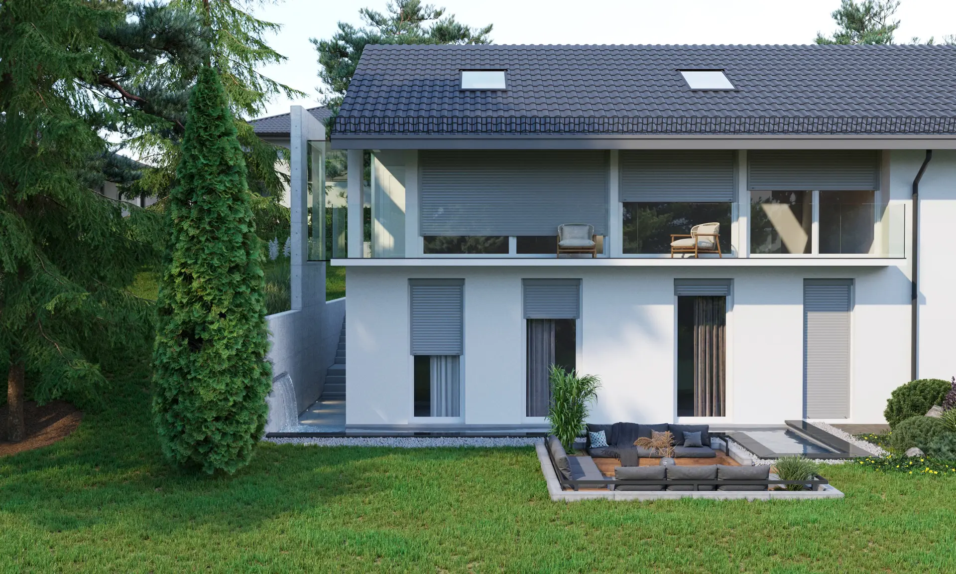 Exterior CGI visualization of a private residence with modern architecture, glass terrace, landscaped garden and outdoor lounge area.