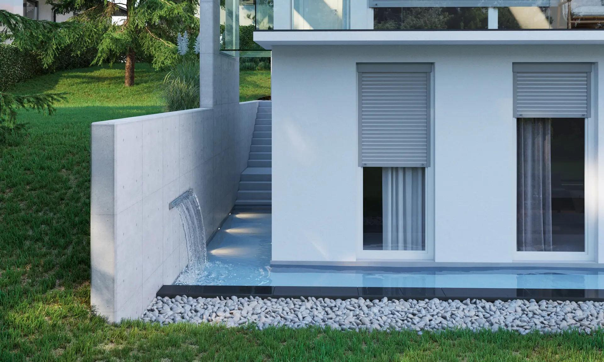Exterior CGI visualization of a private house with glass terrace, concrete details, balcony, garden planting and modern facade.