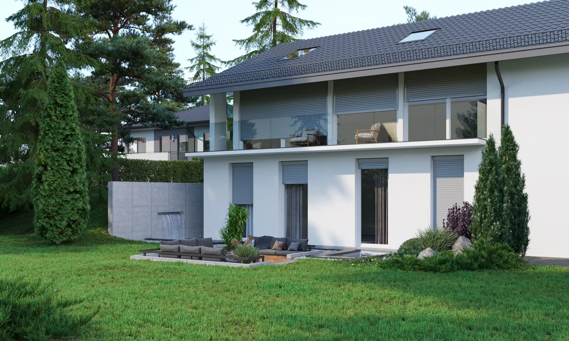 Exterior CGI visualization of a modern private residence with rear garden, terrace, outdoor lounge and surrounding trees.