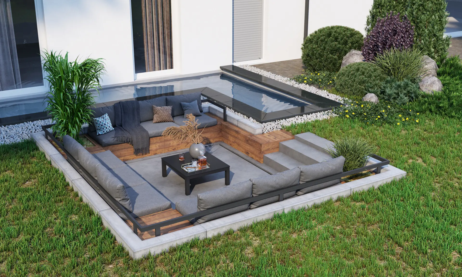 Exterior CGI visualization of a sunken outdoor lounge area with built-in seating, wood decking, pool edge and landscaped garden