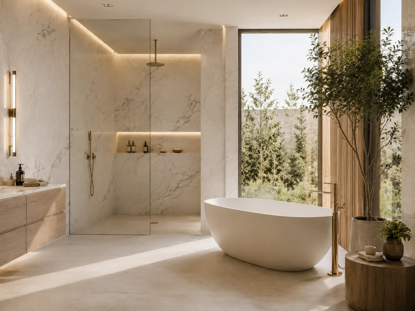 Modern residential bathroom with a freestanding bathtub, glass shower, marble walls, warm lighting and garden view.