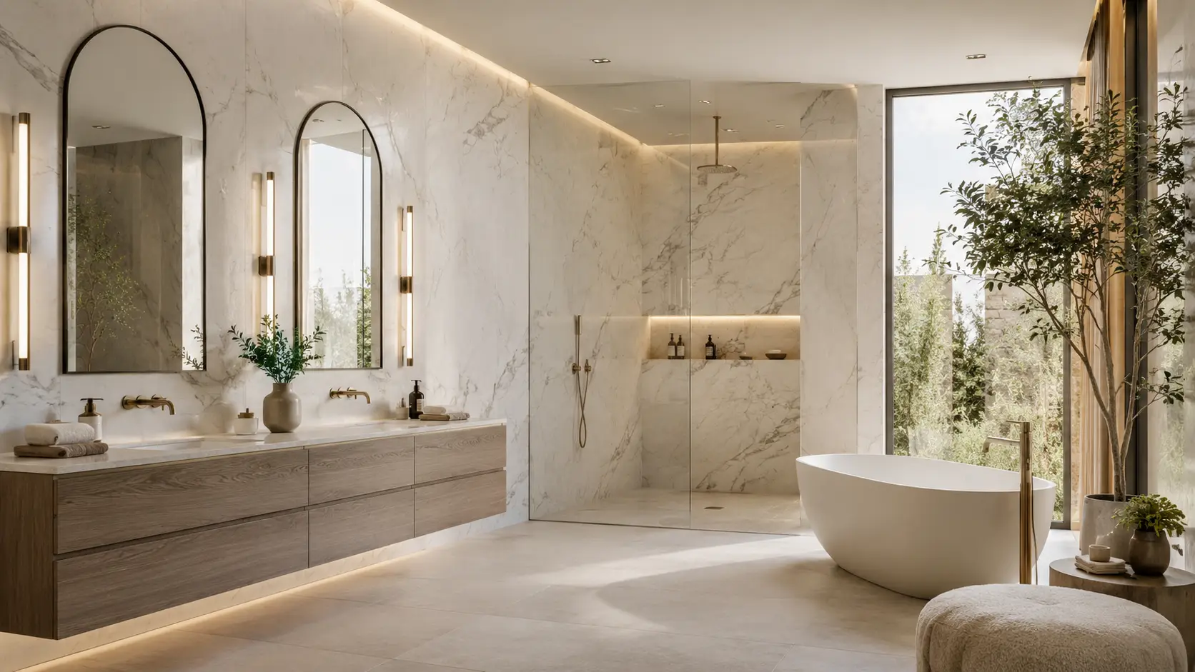 Residential bathroom interior design with marble walls, arched mirrors, warm wood vanity, freestanding bathtub, glass shower and soft lighting.