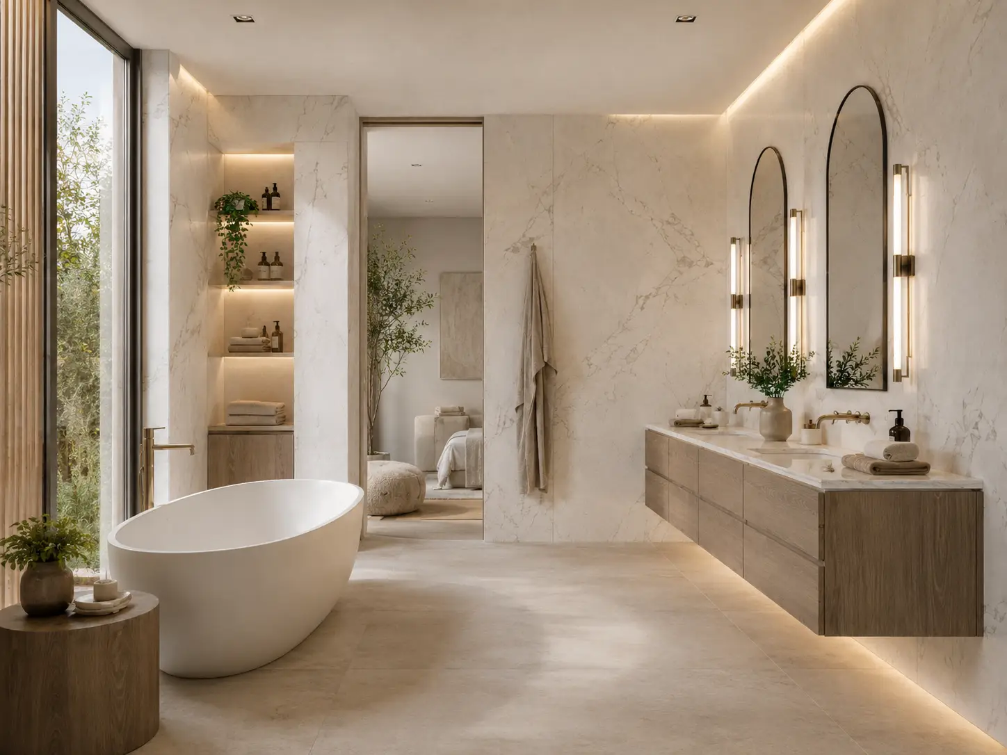 Elegant bathroom interior with marble walls, freestanding bathtub, warm wood vanity, arched mirrors and soft indirect lighting.