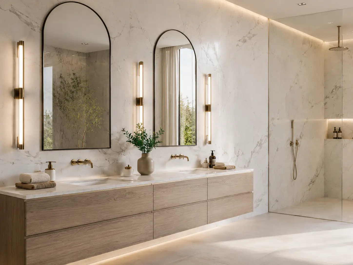 Luxury bathroom vanity with arched mirrors, marble walls, warm wood drawers, wall sconces and a glass shower.