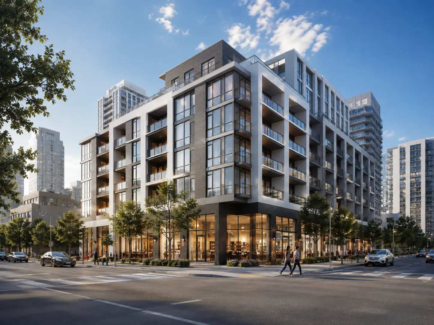 Proposed mixed-use residential complex in Calgary with updated façade design, balconies, storefront glazing and urban street presence.