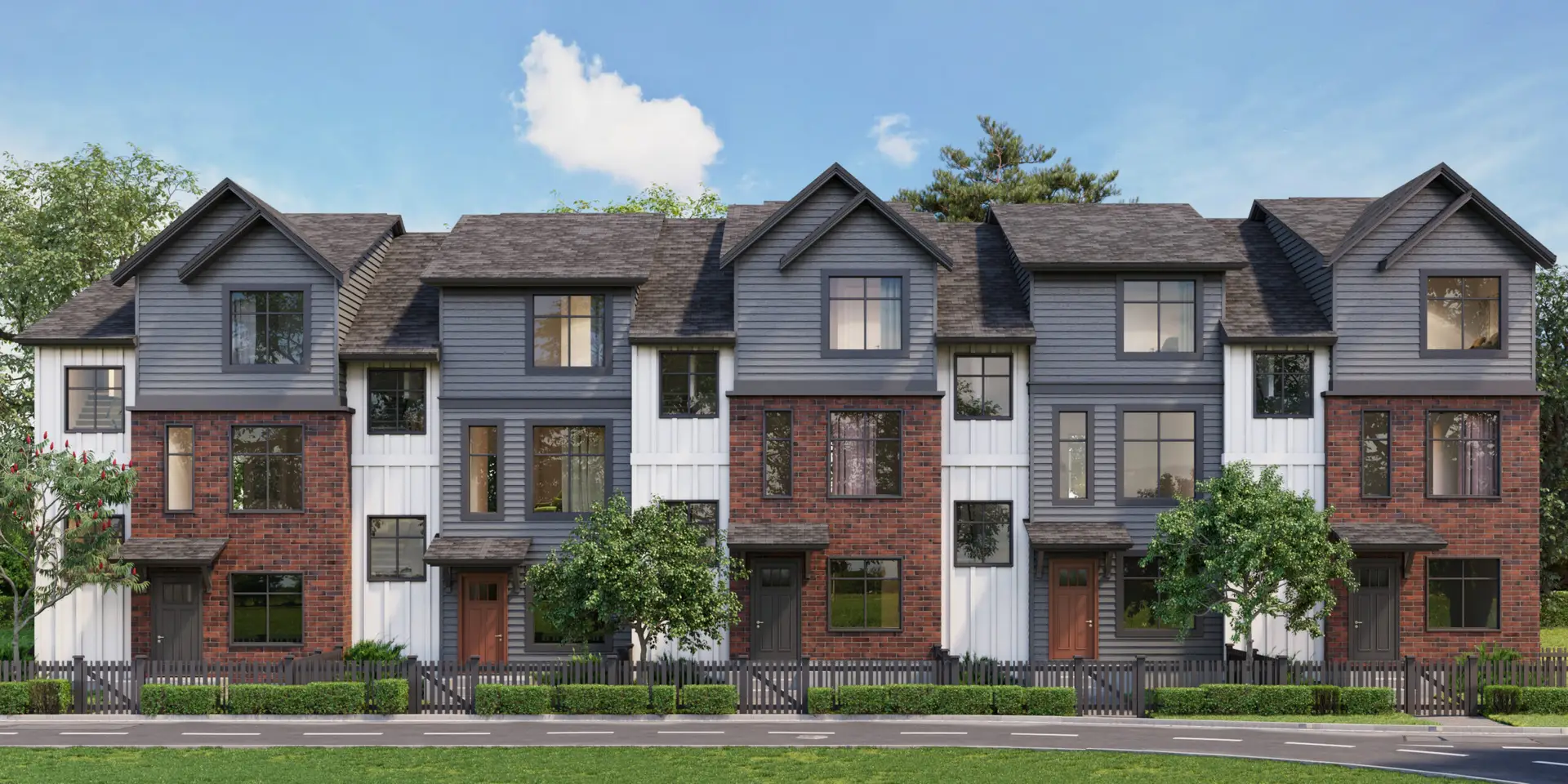 Real estate CGI visualization of a townhouse development with brick and siding facades, landscaped frontage and daytime exterior view.