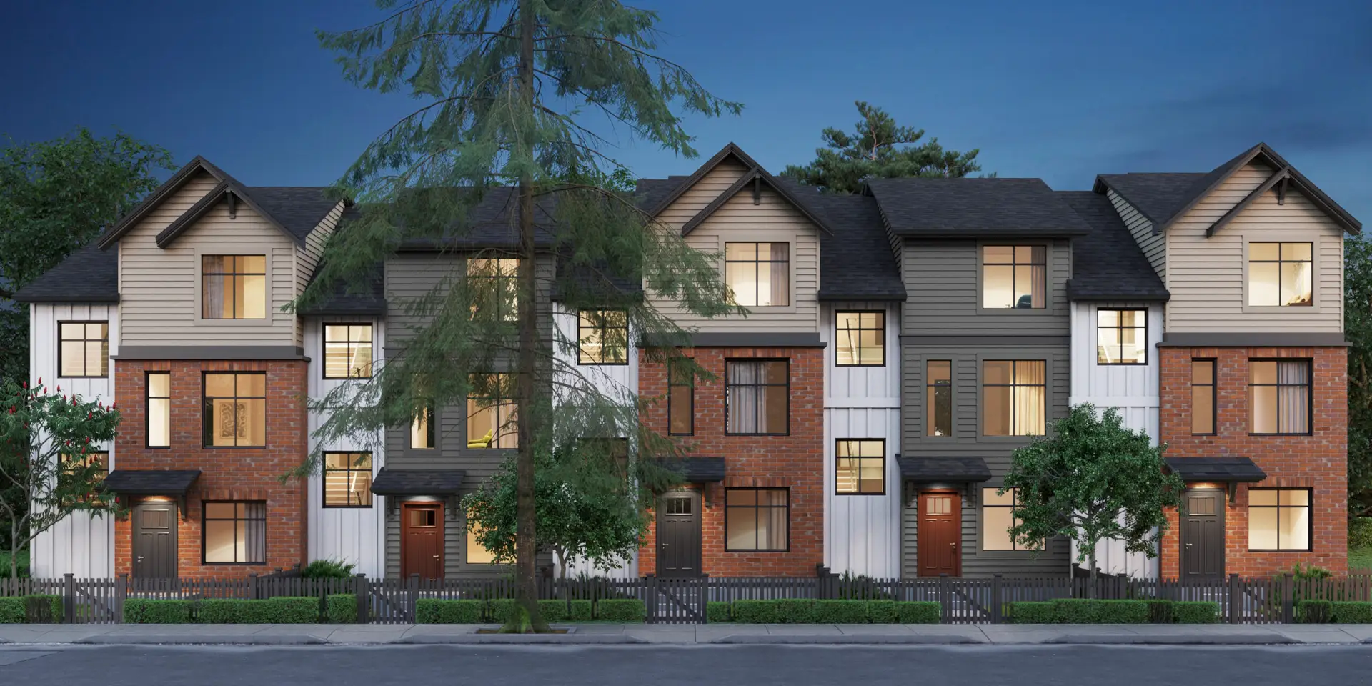 Real estate CGI visualization of a townhouse development at evening with illuminated windows, brick facades, landscaped frontage and residential street view.